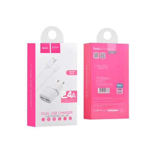 Набір СЗУ HOCO C12 Smart + кабель Micro, 2xUSB, 2.4A, кабель 1м, White, Blister