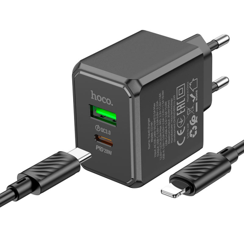 Набір СЗУ HOCO CS14A + кабель Lighting, 1xUSB+1xUSB-C, PD20W+QC3.0, кабель 1м, Black, Box