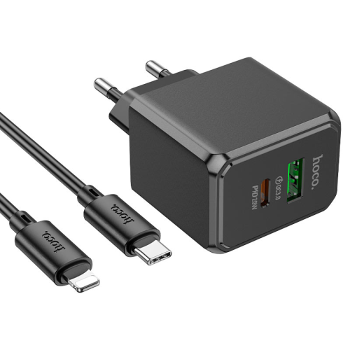 Набір СЗУ HOCO CS14A + кабель Lighting, 1xUSB+1xUSB-C, PD20W+QC3.0, кабель 1м, Black, Box