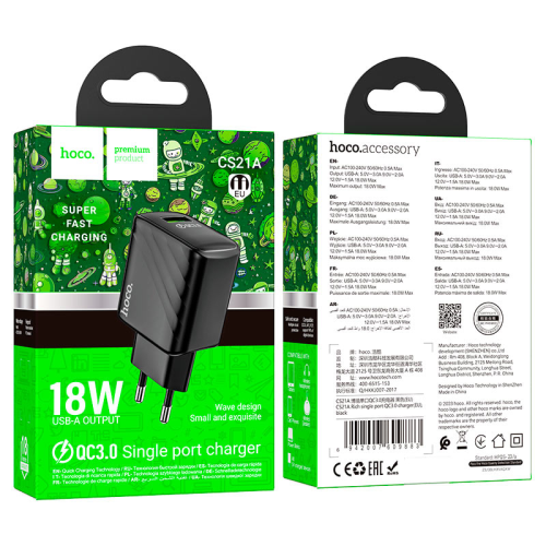 СЗУ HOCO CS21A, 18W, 1xUSB, QC3.0, Black, Box