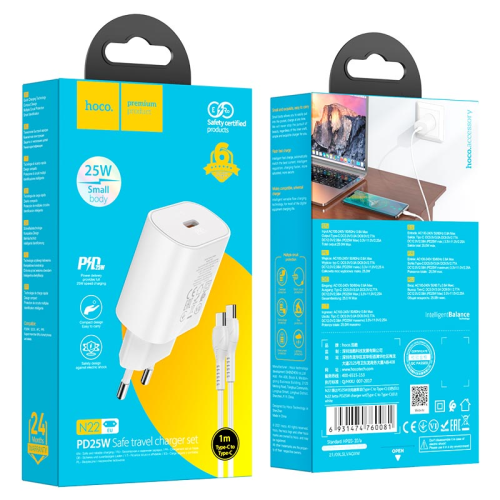 Набір СЗУ HOCO N22+кабель Type-C / Type-C, 1xUSB-C, PD25W, White, Box
