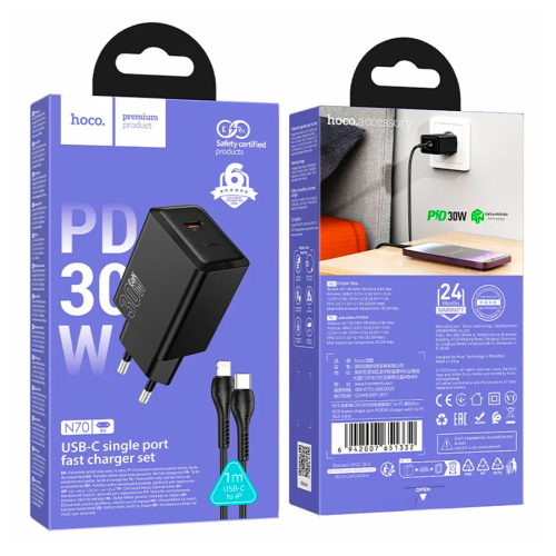 Набір СЗУ HOCO N70 + Type-C / Lighting кабель, 1xUSB+1xUSB-C, PD30W+QC3.0, кабель 1м, Black, Box