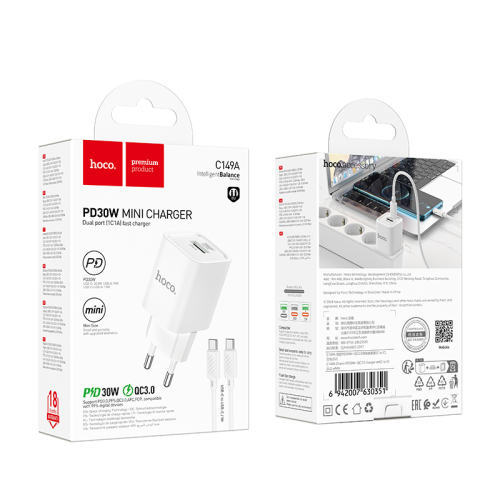 СЗУ HOCO C149A 110-240V, PD30W+Q3.0, USB+Type-C, White, Box