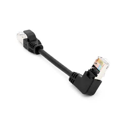 Патч-корд литий FTP, RJ45(прямий / кутовий), екранований, FTP5e 0.125m, patch D=4.9mm AWG28 1x90&amp;deg; CU, чорний, Q200