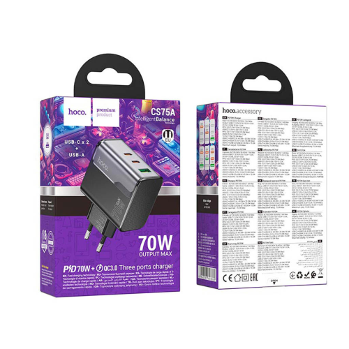 СЗУ 110-240V HOCO CS75A 2USB-C+1xUSB, PD70W+QC 3.0, Black, Blister