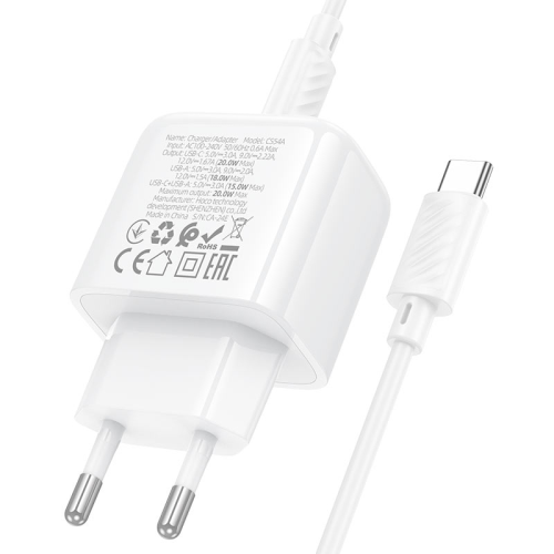 Набір СЗУ HOCO CS54A+ кабель Type-C / Type-C, 1xUSB+1xUSB-C, PD20W+QC3.0, кабель 1м, White, Box