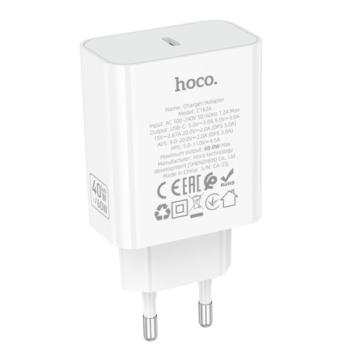 СЗУ 110-240V HOCO C162A 1xUSB-C, PD40W, White, Blister