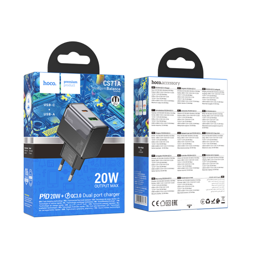 СЗУ 110-240V HOCO CS71A, 1xUSB, 1xUSB-C, PD20W, White, Blister