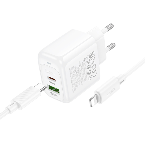 Набір СЗУ HOCO CS55A + Type-C / Lighting кабель, 1xUSB+1xUSB-C, PD30W+QC3.0, кабель 1м, White, Box