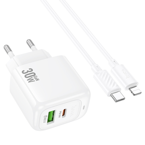 Набір СЗУ HOCO CS55A + Type-C / Lighting кабель, 1xUSB+1xUSB-C, PD30W+QC3.0, кабель 1м, White, Box