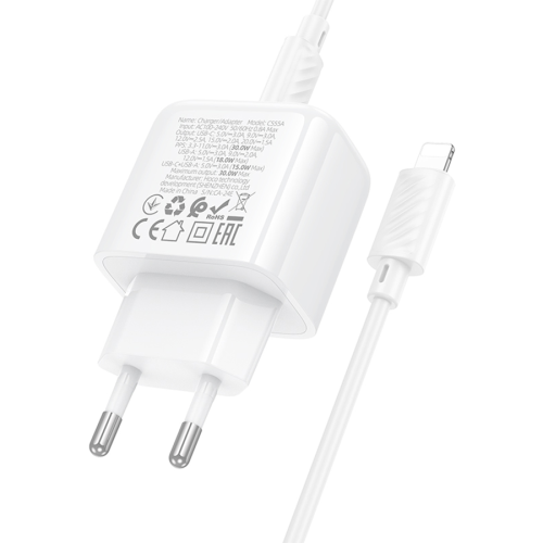 Набір СЗУ HOCO CS55A + Type-C / Lighting кабель, 1xUSB+1xUSB-C, PD30W+QC3.0, кабель 1м, White, Box