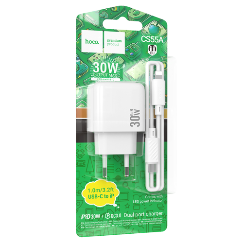 Набір СЗУ HOCO CS55A + Type-C / Lighting кабель, 1xUSB+1xUSB-C, PD30W+QC3.0, кабель 1м, White, Box