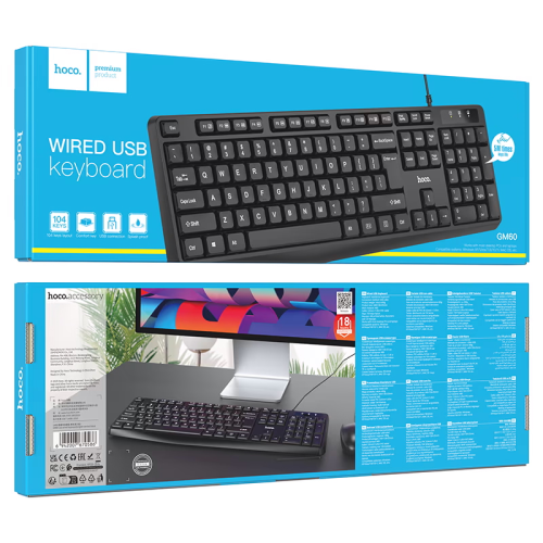 Клавіатура провідна HOCO GM60, USB, 104 клавіші, (Eng / Pyc), Black, Box