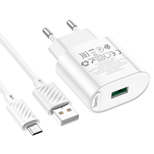 Набір СЗУ 110-240V HOCO C109A 1xUSB+ кабель Micro, 3.0A, кабель 1м, White, Blister
