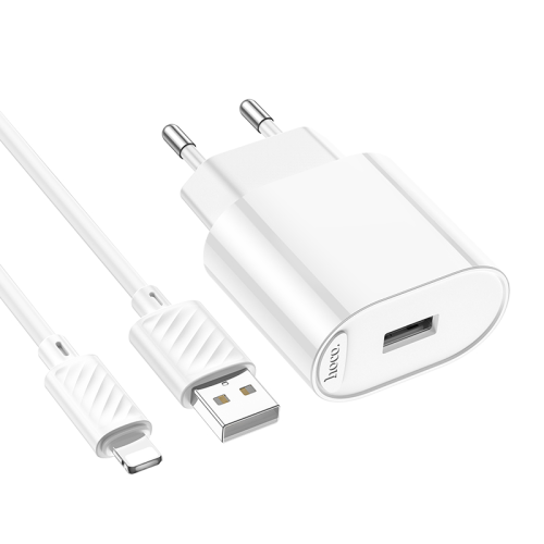 Набір СЗУ 110-240V HOCO C109A 1xUSB+ кабель Lighting, 2.1A, кабель 1м, White, Bliste