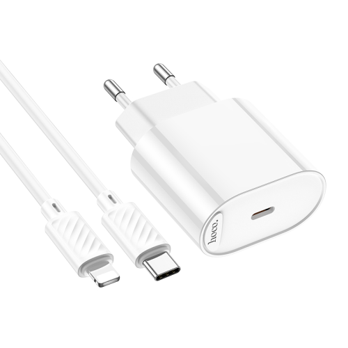 Набір СЗУ 110-240V HOCO C109A 1xUSB-C+ кабель Lighting, PD20W, кабель 1м, White, Blister