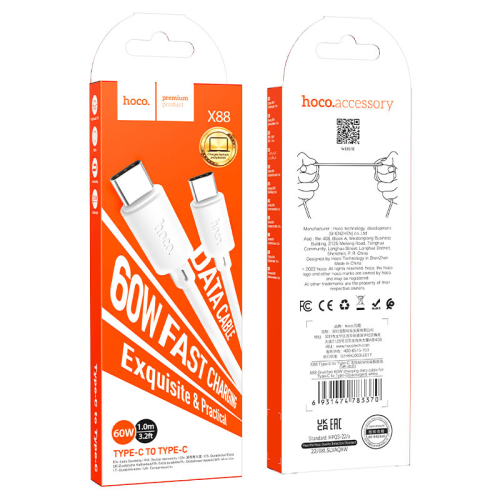 Кабель Hoco X88, Type-C-Type C, 60W, White, довжина 1м, BOX
