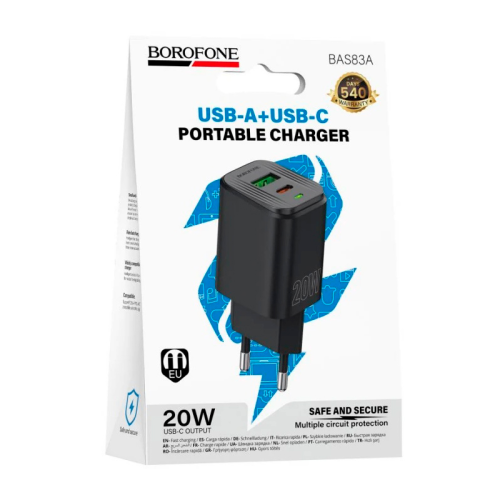 СЗУ BOROFONE BAS83A, 1xUSB+1xUSB-C, PD20W+QC3.0, кабель 1м, Black, Box