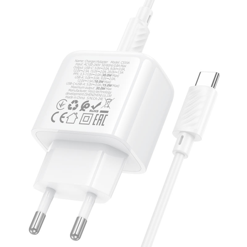 Набір СЗУ HOCO CS55A + кабель Type-C / Type-C 1xUSB+1xUSB-C, PD30W+QC3.0, кабель 1м, White, Box