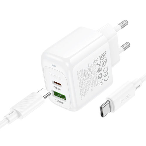 Набір СЗУ HOCO CS55A + кабель Type-C / Type-C 1xUSB+1xUSB-C, PD30W+QC3.0, кабель 1м, White, Box