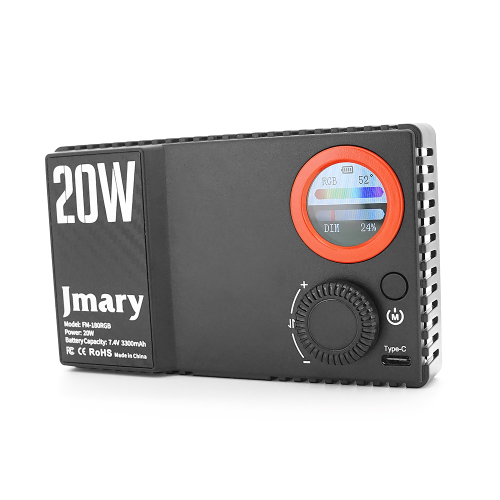 Накамерний надпотужний відеосвітло Jmary FM-180RGB, 20 Вт, RGB, CRI 95+1800-9000К, вбудований аккум 3300mAh, 128x78x26мм, Box