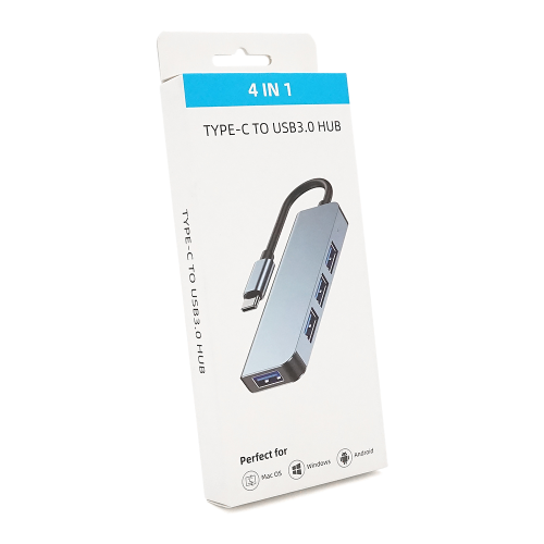 Хаб YT47720 Type-С на USB 3.0 / 4 порту, 480Mbts, живлення від USB, 0.15m, Gray, Box