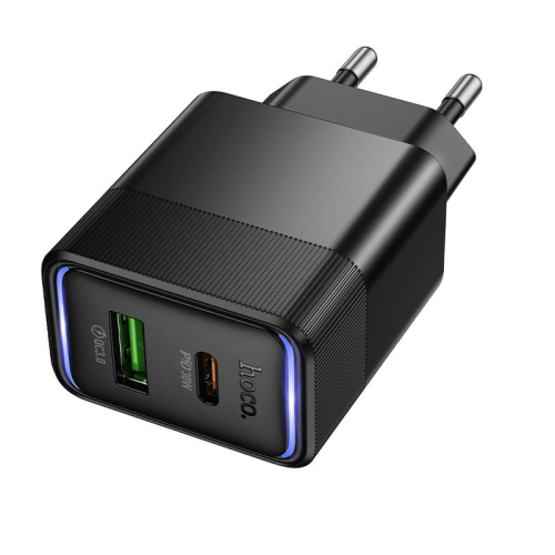 СЗУ 110-240V HOCO CS112A USB-C+USB, 30W, Black, Box