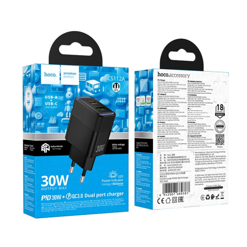 СЗУ 110-240V HOCO CS112A USB-C+USB, 30W, Black, Box