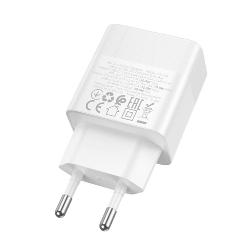 СЗУ 110-240V HOCO CS112A USB-C+USB, 30W, White, Box