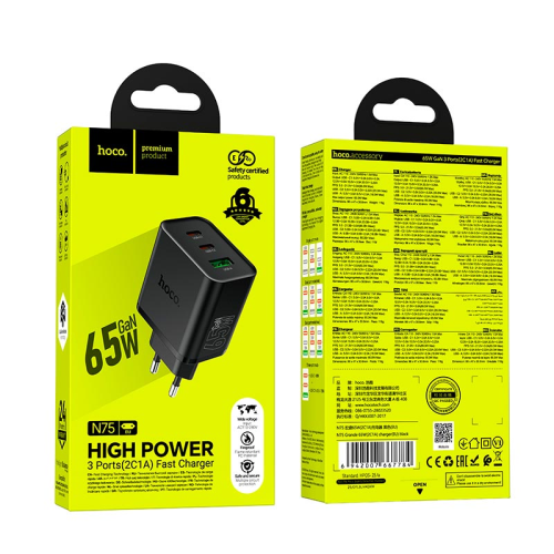 СЗУ HOCO N75 110-240V, PD65W+Q3.0, USB+2*Type-C, Black, Box