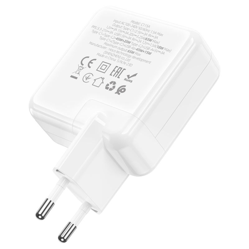 СЗУ HOCO C115A 110-240V, PD65W+Q3.0, USB+2*Type-C, White, Box