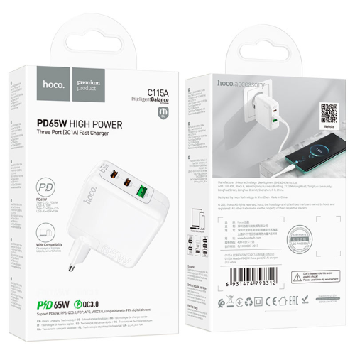 СЗУ HOCO C115A 110-240V, PD65W+Q3.0, USB+2*Type-C, White, Box