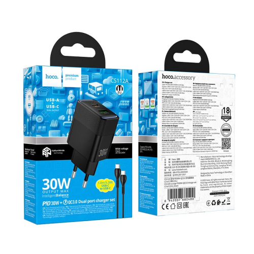 Набір СЗУ HOCO CS112A + кабель Type-C / Type-C 1xUSB+1xUSB-C, PD30W+QC3.0, кабель 1м, Black, Box