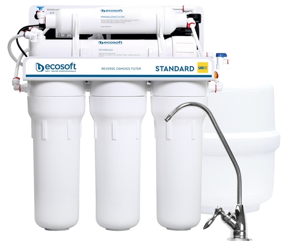 Фільтр зворотного осмосу Ecosoft Standard 5-50P PRO з помпою та мінералізатором, мембрана 50gpd, кран капля, дренаж 1:2