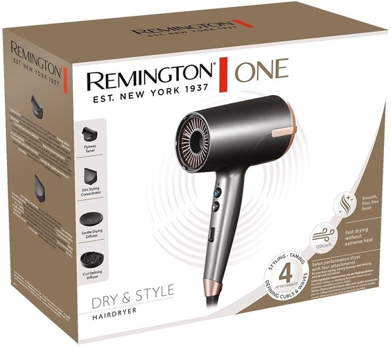 Фен Remington One, 2000Вт, 8 режимів, дифузор,чохол,іоніз-я, хол. обдув, термо-сенсор, сірий