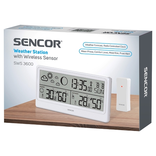 Метеостанція Sencor, внутр/зовн вимірювання, від мережі/АААх3+ААх2, темп-ра, вологість, час, прогноз погоди, білий