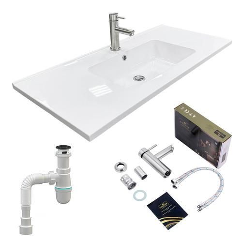 Набір для ванної кімнати, раковина, умивальник Adamant FLATE 100, штучний камінь, прямокут., з сифоном Click-Clack + змішувач