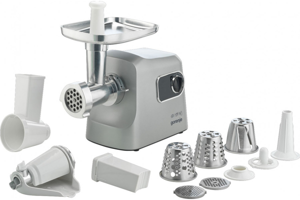 М'ясорубка Gorenje, 2500Вт, 2.8кг/хв, 3 решітки, насадка для ковбас, кеббе, шнековий соковидавлювач, 3 терки, пластик/метал, нерж