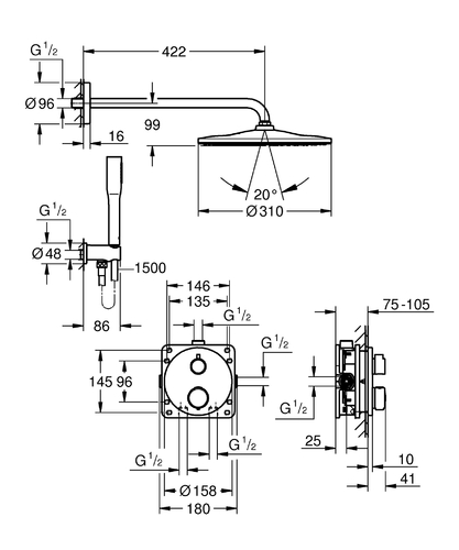 Душова система Grohe QuickFix Precision прихованого монтажу з Vitalio Rain Mono 310 Cube, хром