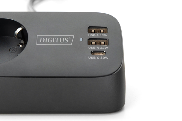 Блок розеток DIGITUS Office, 3xSchuko, 2xUSB-A, 1xUSB-C, 16A, 1.5м, вилка Schuko, чорний