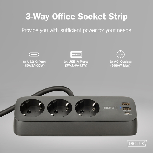 Блок розеток DIGITUS Office, 3xSchuko, 2xUSB-A, 1xUSB-C, 16A, 1.5м, вилка Schuko, чорний