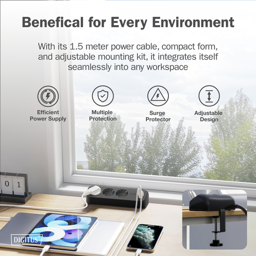 Блок розеток DIGITUS Office, 3xSchuko, 2xUSB-A, 1xUSB-C, 16A, 1.5м, вилка Schuko, чорний