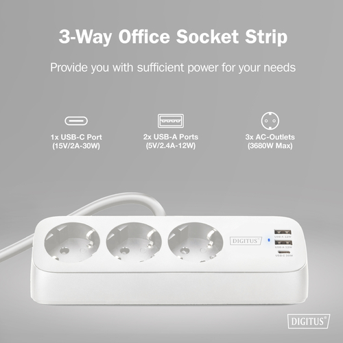 Блок розеток DIGITUS Office, 3xSchuko, 2xUSB-A, 1xUSB-C, 16A, 1.5м, вилка Schuko, білий