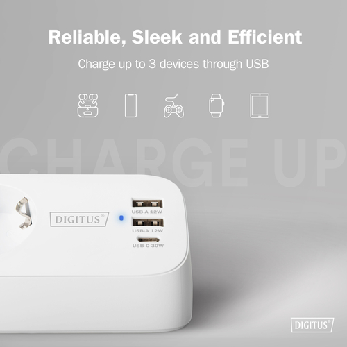 Блок розеток DIGITUS Office, 3xSchuko, 2xUSB-A, 1xUSB-C, 16A, 1.5м, вилка Schuko, білий