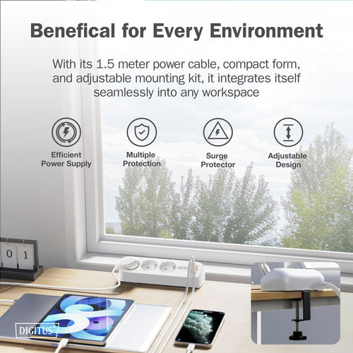 Блок розеток DIGITUS Office, 3xSchuko, 2xUSB-A, 1xUSB-C, 16A, 1.5м, вилка Schuko, білий