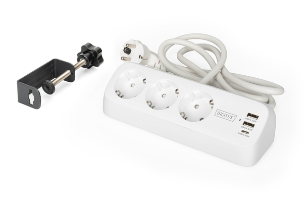 Блок розеток DIGITUS Office, 3xSchuko, 2xUSB-A, 1xUSB-C, 16A, 1.5м, вилка Schuko, білий