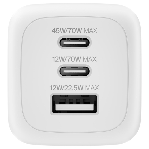 Зарядний пристрій мережевий Belkin 70Вт 2хUSB-С/USB-A GAN PD PPS, білий