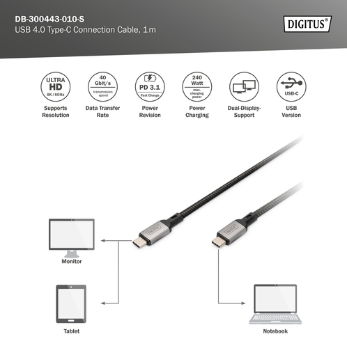 Кабель DIGITUS USB 4.0 (Type-C/Type-C) 1м, чорний