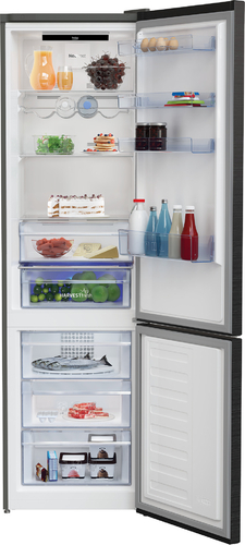 Холодильник Beko з нижн. мороз., 203x60x67, xолод.відд.-253л, мороз.відд.-109л, 2дв., E, NF, дисплей, HarvestFresh, нержавіюча сталь чорного кольору