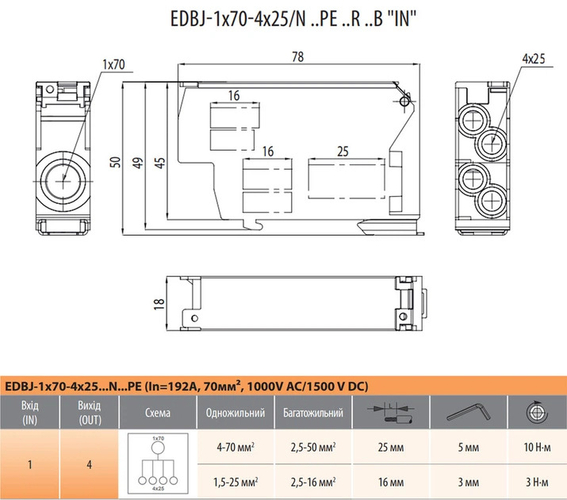 Блок розподільчий EDBJ-1x70-4x25/R (192A, 1000V AC/1500V DC, IN: 1x70, OUT: 4x25, червоний)